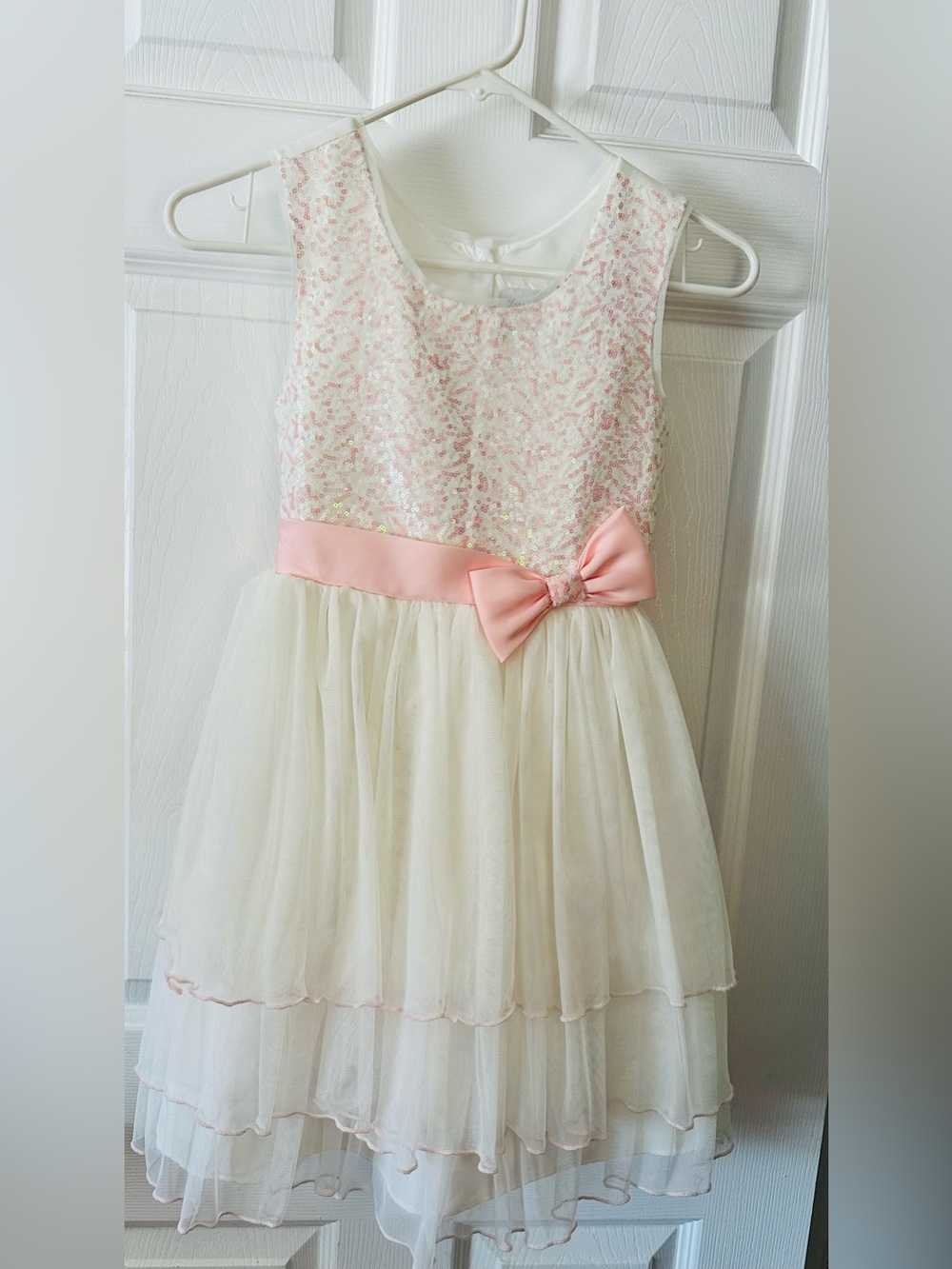 Jona Michelle Pink Sequin Bodice Ivory Tulle Dress with Bow
